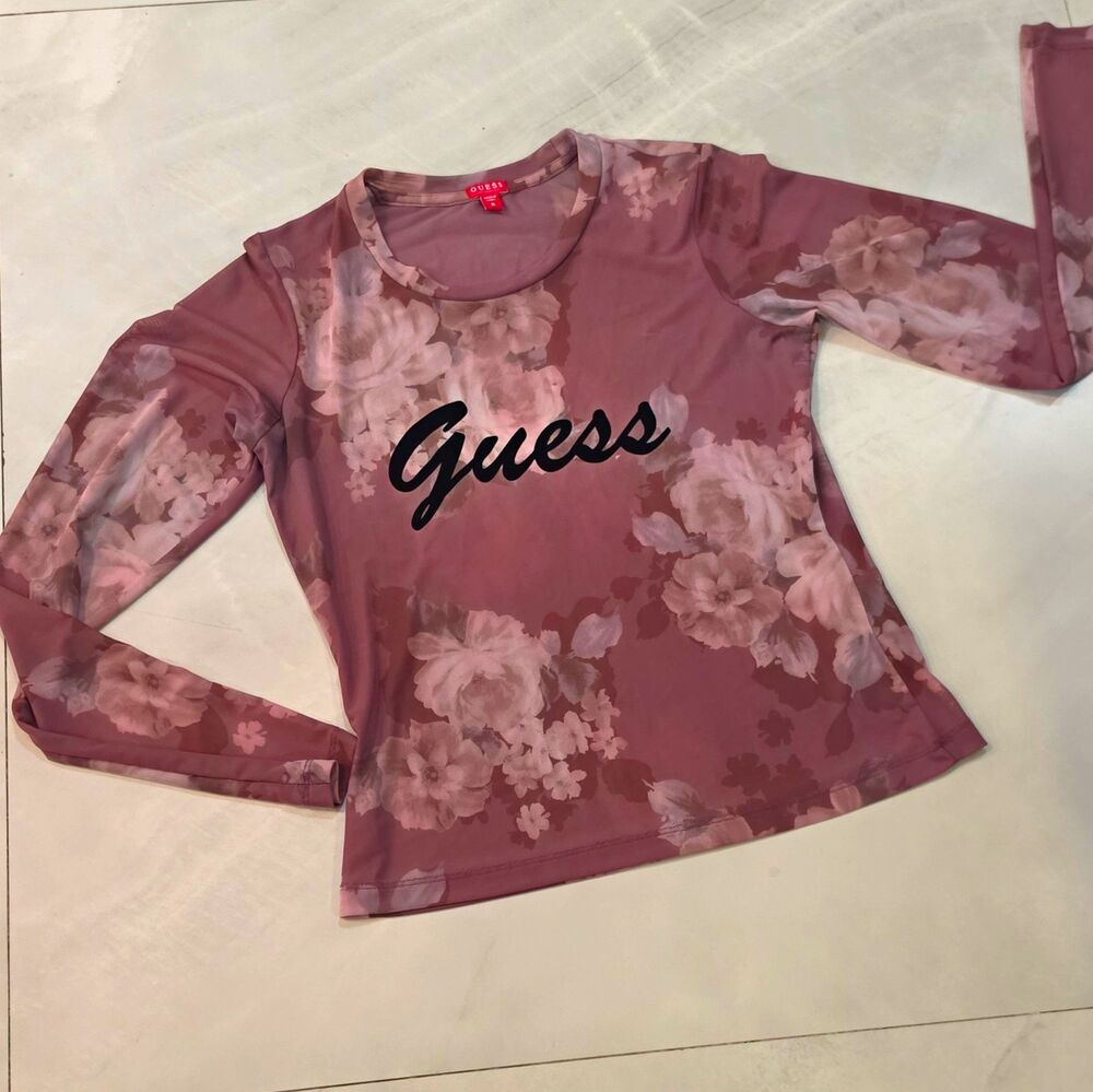 GUESS Womens Floral Mesh Sheer Stretch Logo Long Sleeve Scoop Neck Top Sz M